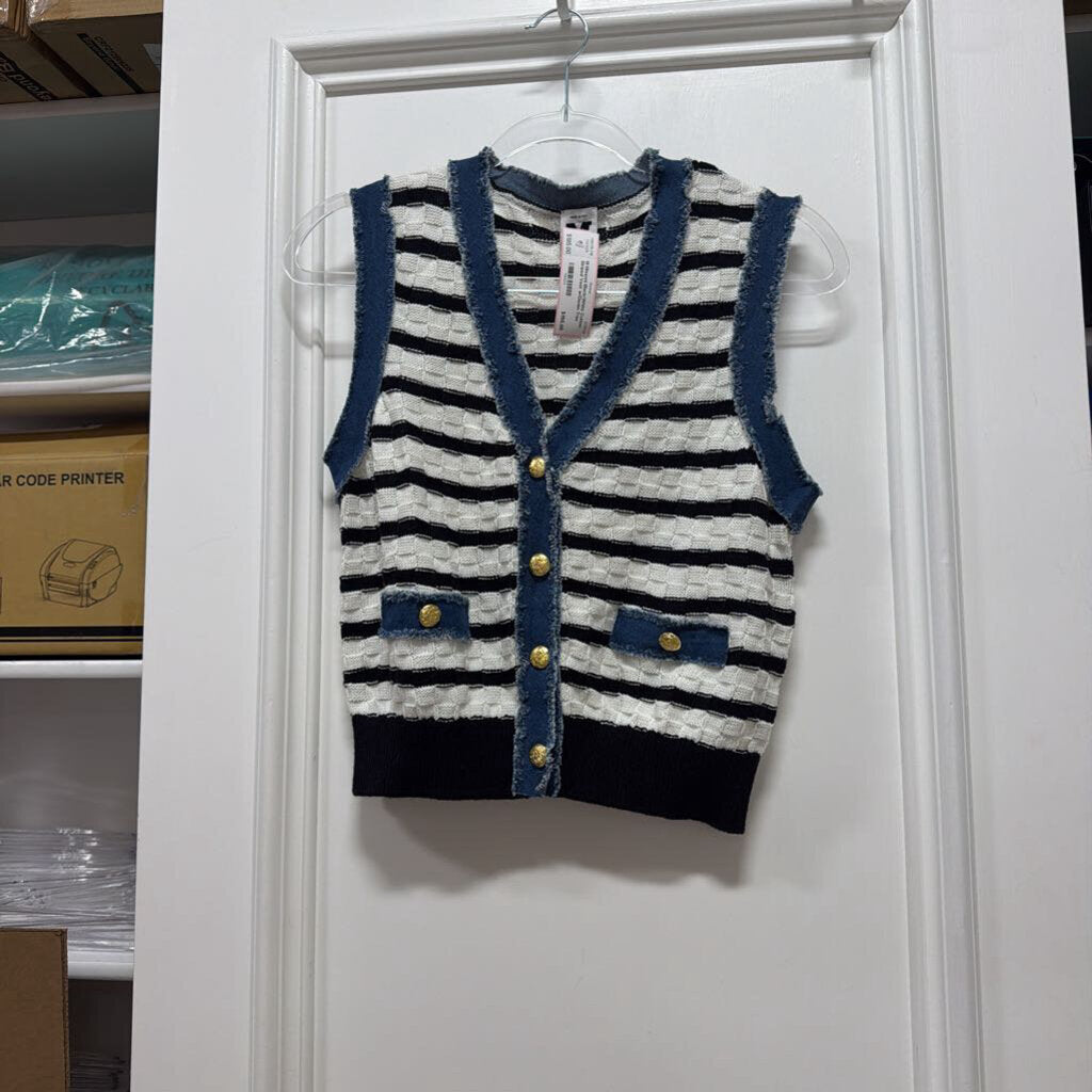 Black/White Cotton Striped Vest w/Denim Trim
