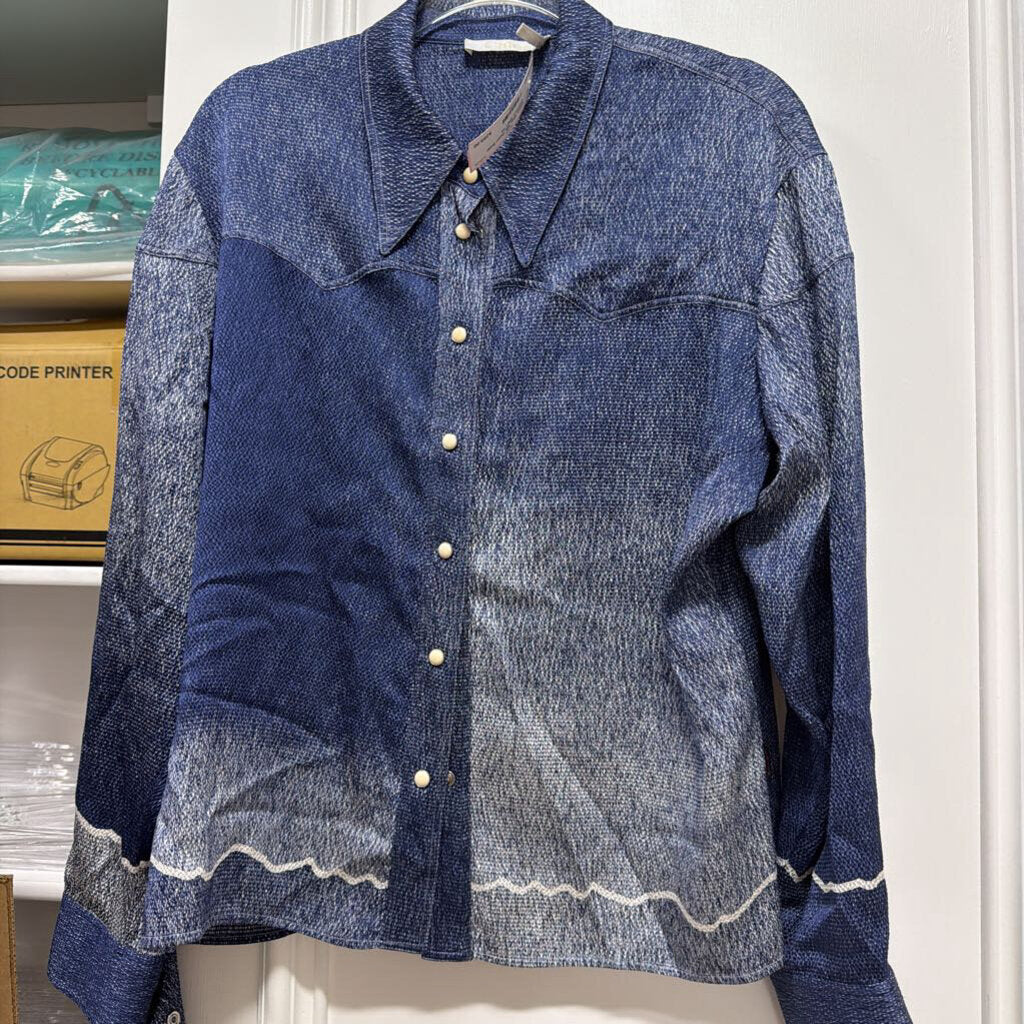 Blue Silk Pearl Snap Western Shirt