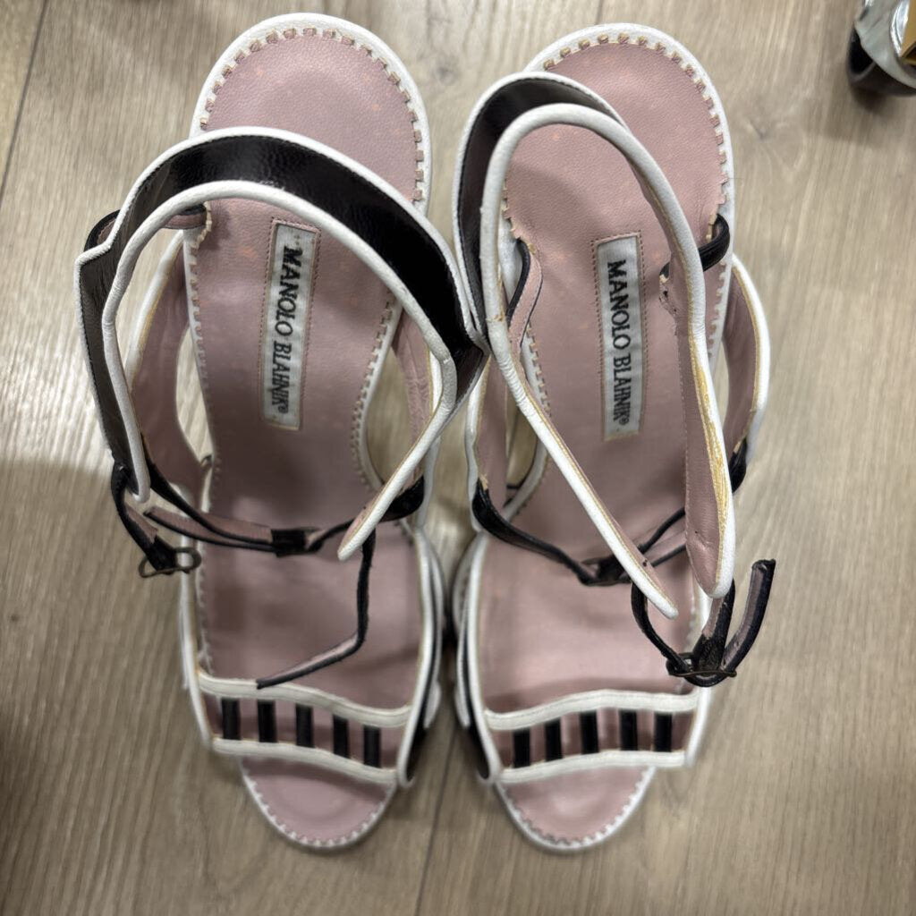 Manolo Blahnik Black/White Leather Ankle Strap Sandal