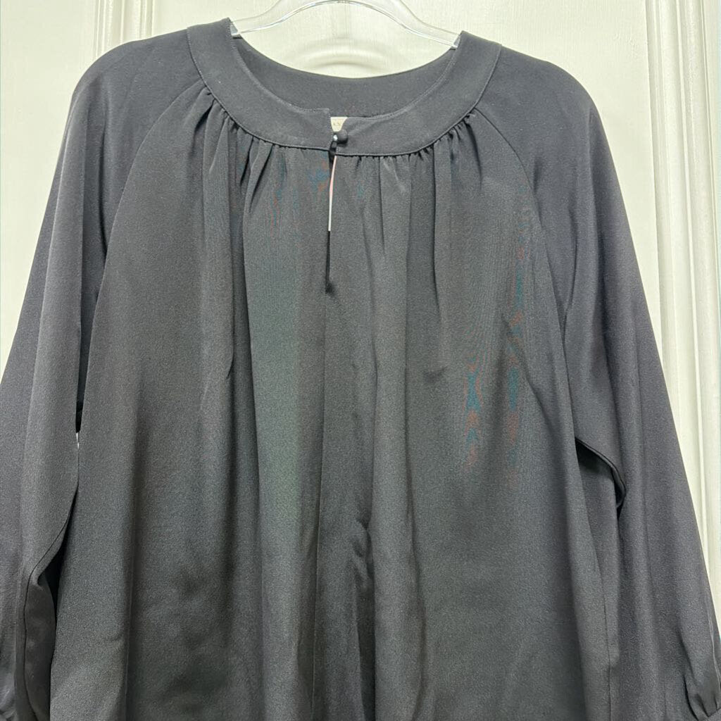 Black SilkGOathered Neck One Button Long Sleeve Blouse(450)