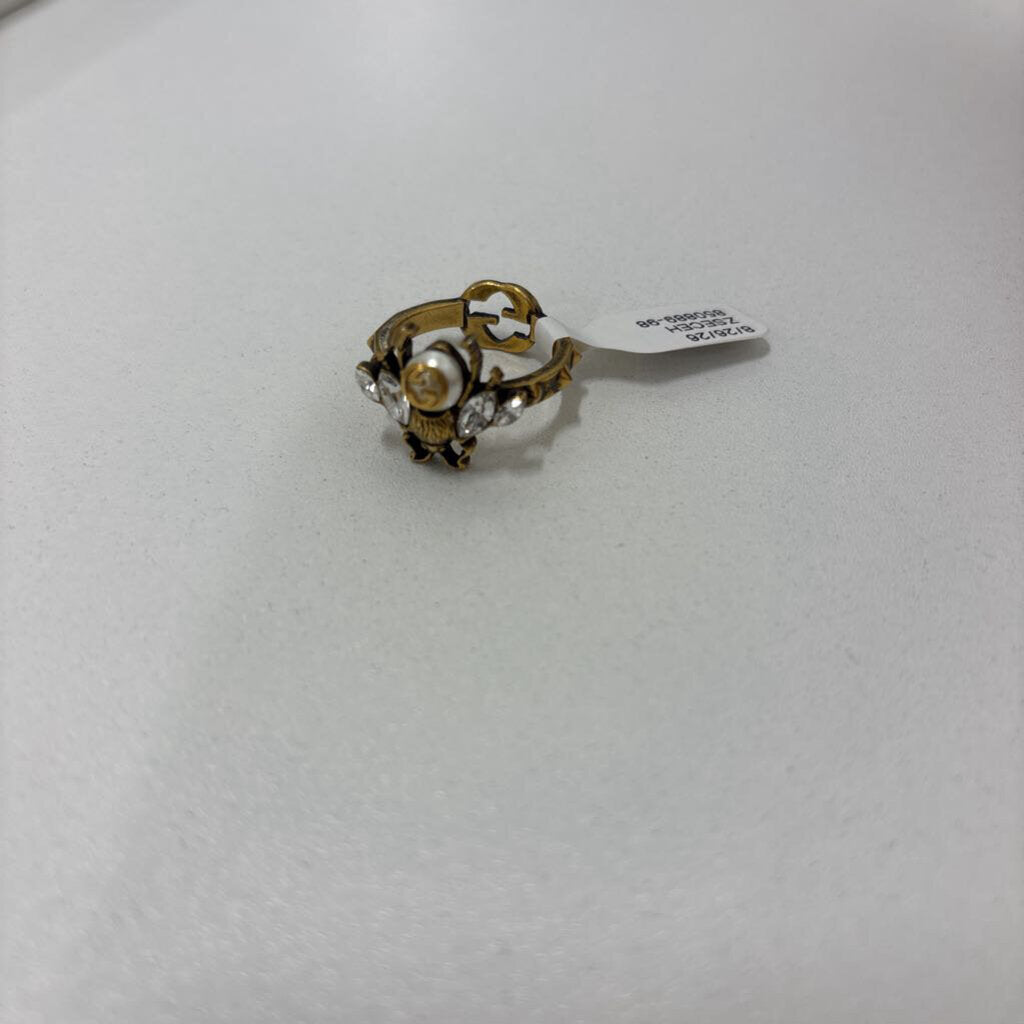 Gold Tone Crystal Faux Pearl Bee Ring