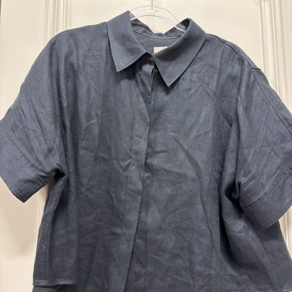 Black Linen SS Button Up Top