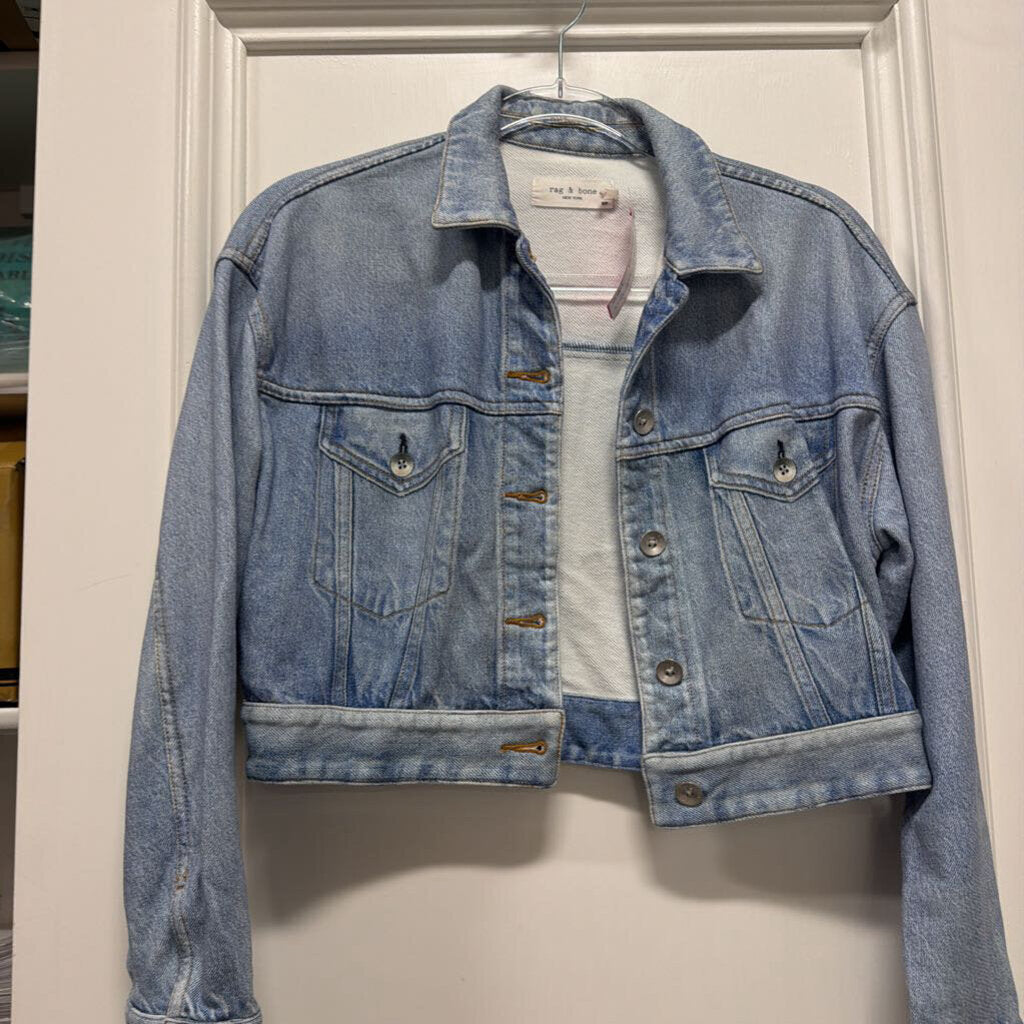 Blue Cotton Denim Effect Cropped Jacket
