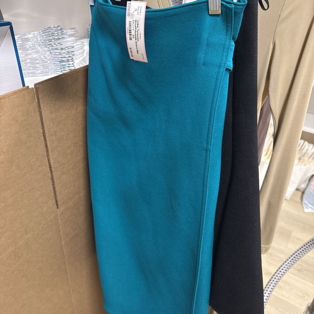 Turquoise Wool/Polyamide Belted Midi Skirt