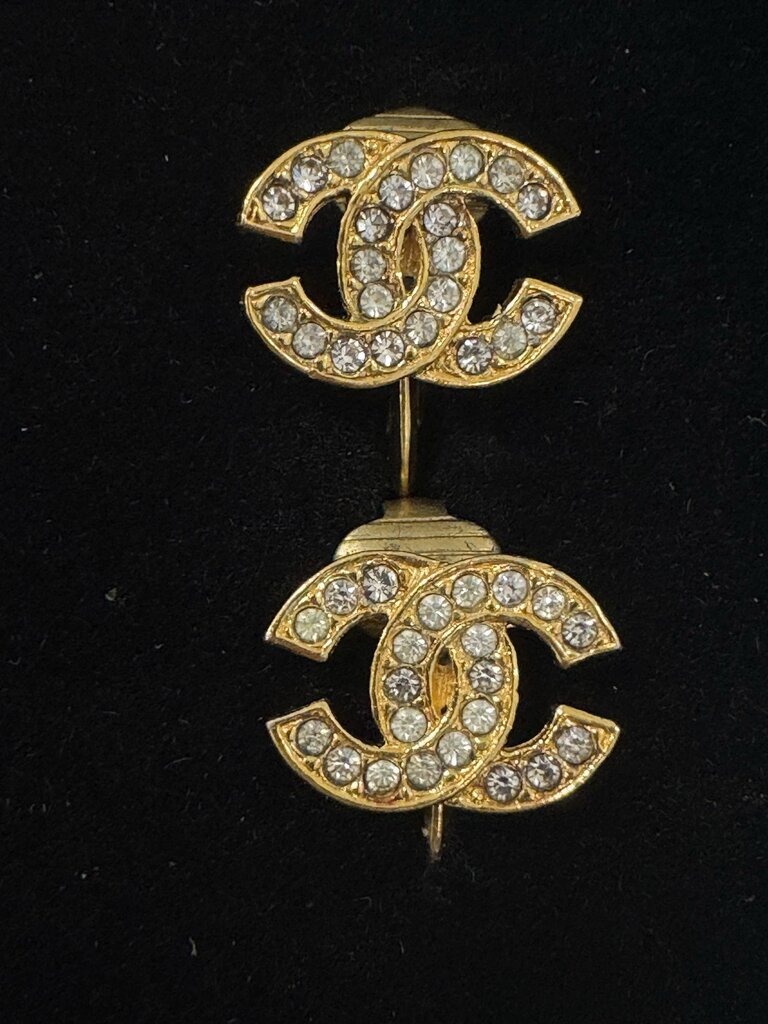Gold Tone CC Rhinestone Clip-On Earrings