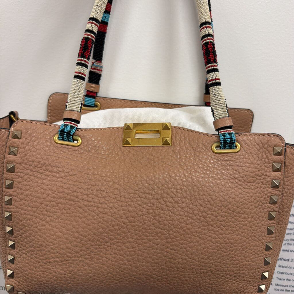 Tan Beige Beaded Handle Bag