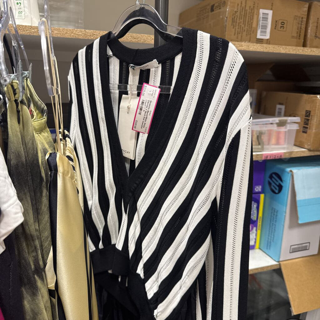 Black/White Stripe Viscose V Neck Knit Sweater (NWT)