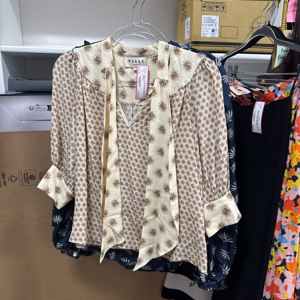 Cream Printed Silk SS Blouse