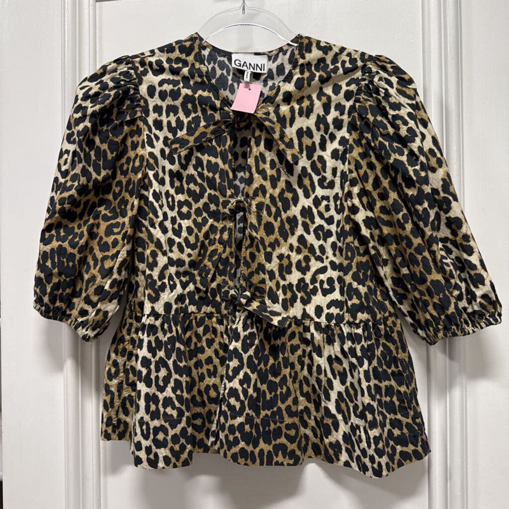 Leopard Print Cotton Tie Front Blouse