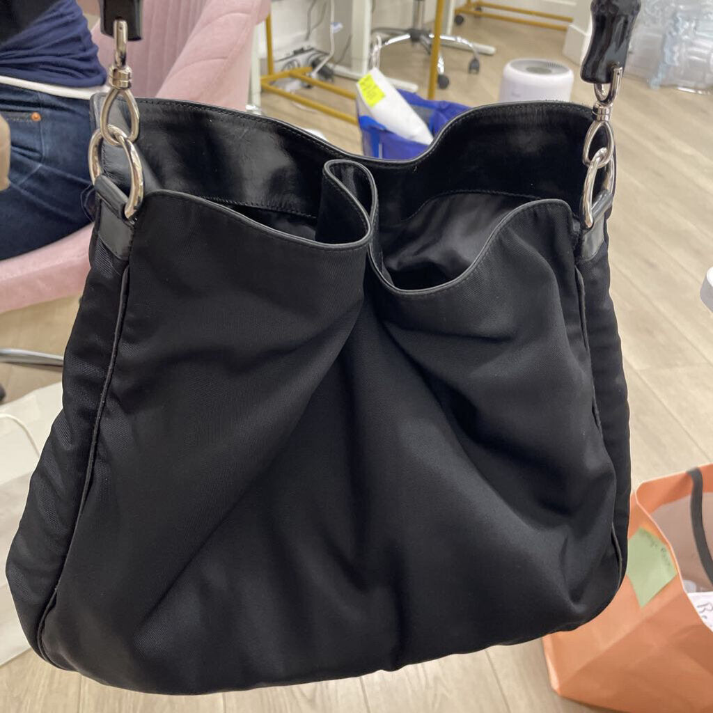 Black Nylon Bamboo Hobo Shoulder Bag
