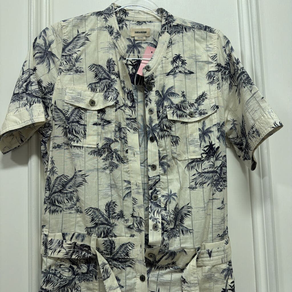 Cream/Navy Cotton Palm Tree Romper