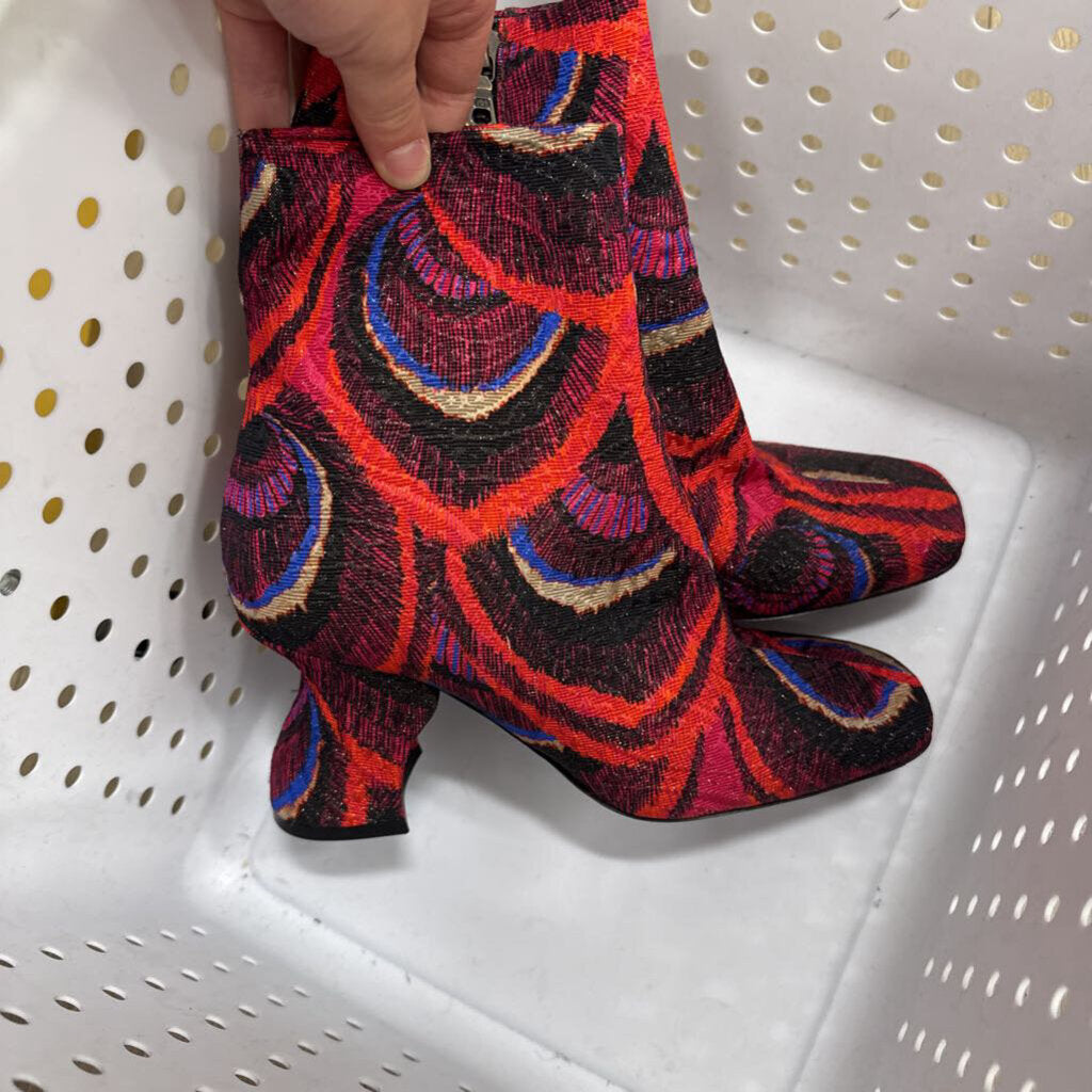 Red/Black Jacquard Ankle Boots