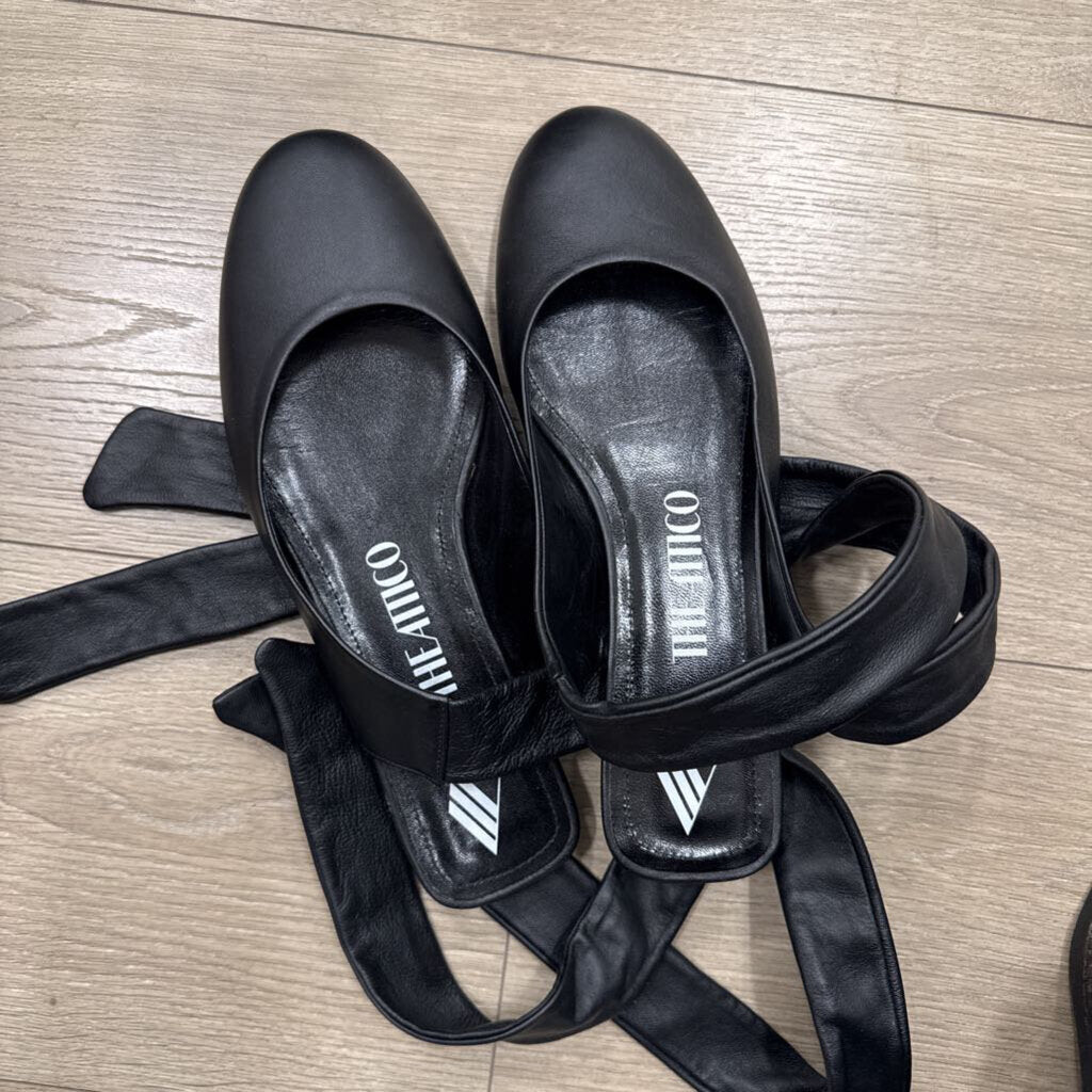 Black Leather Tie Ankle Ballet Shoes