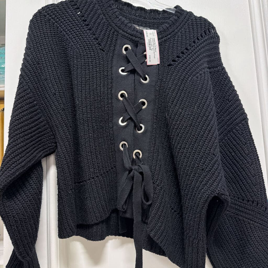 Black Cotton/Wool Lace-Up Front Sweater