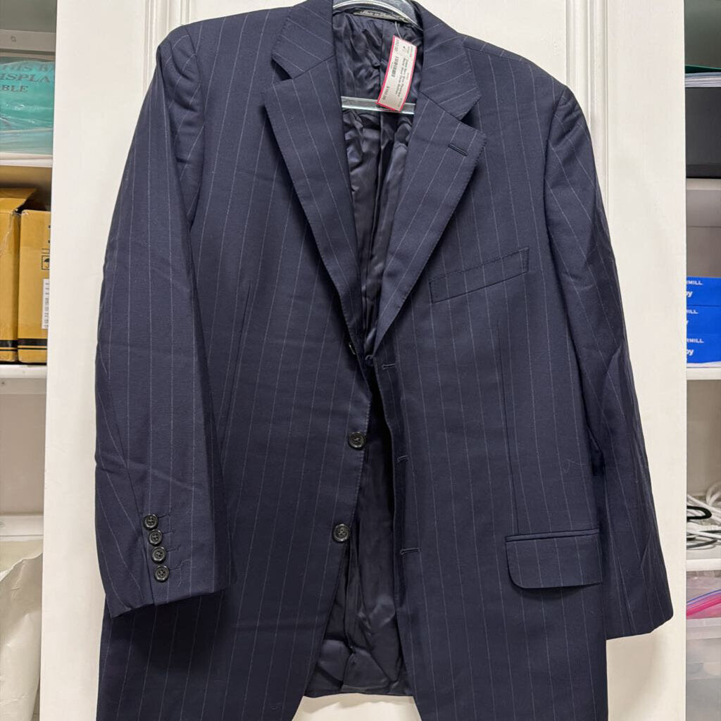 Navy Grey Pinstripe Blazer Wool Three Button Closure