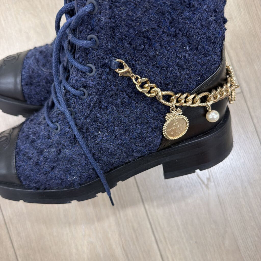 Navy Tweed Faux Pearl Chain Ankle Boot, 38