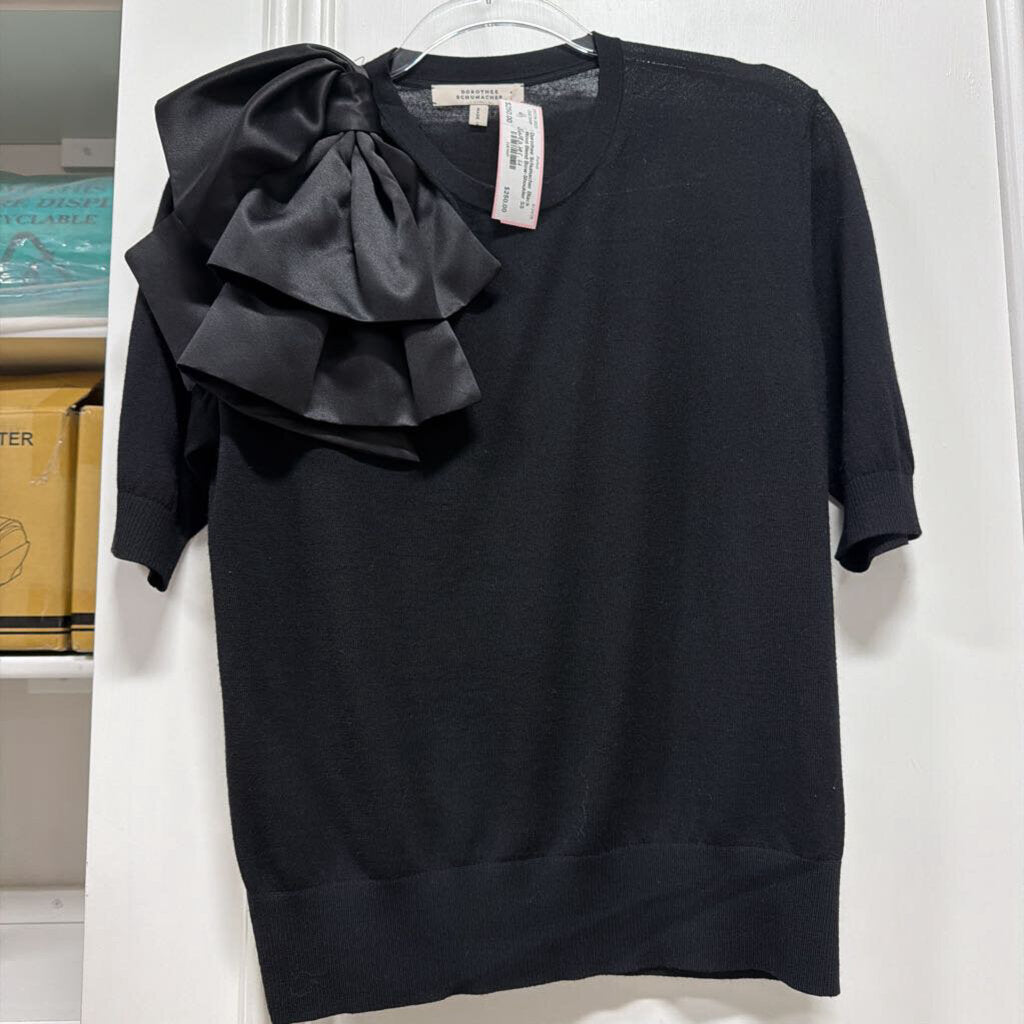 Black Wool Blend Bow-Shoulder SS Sweater