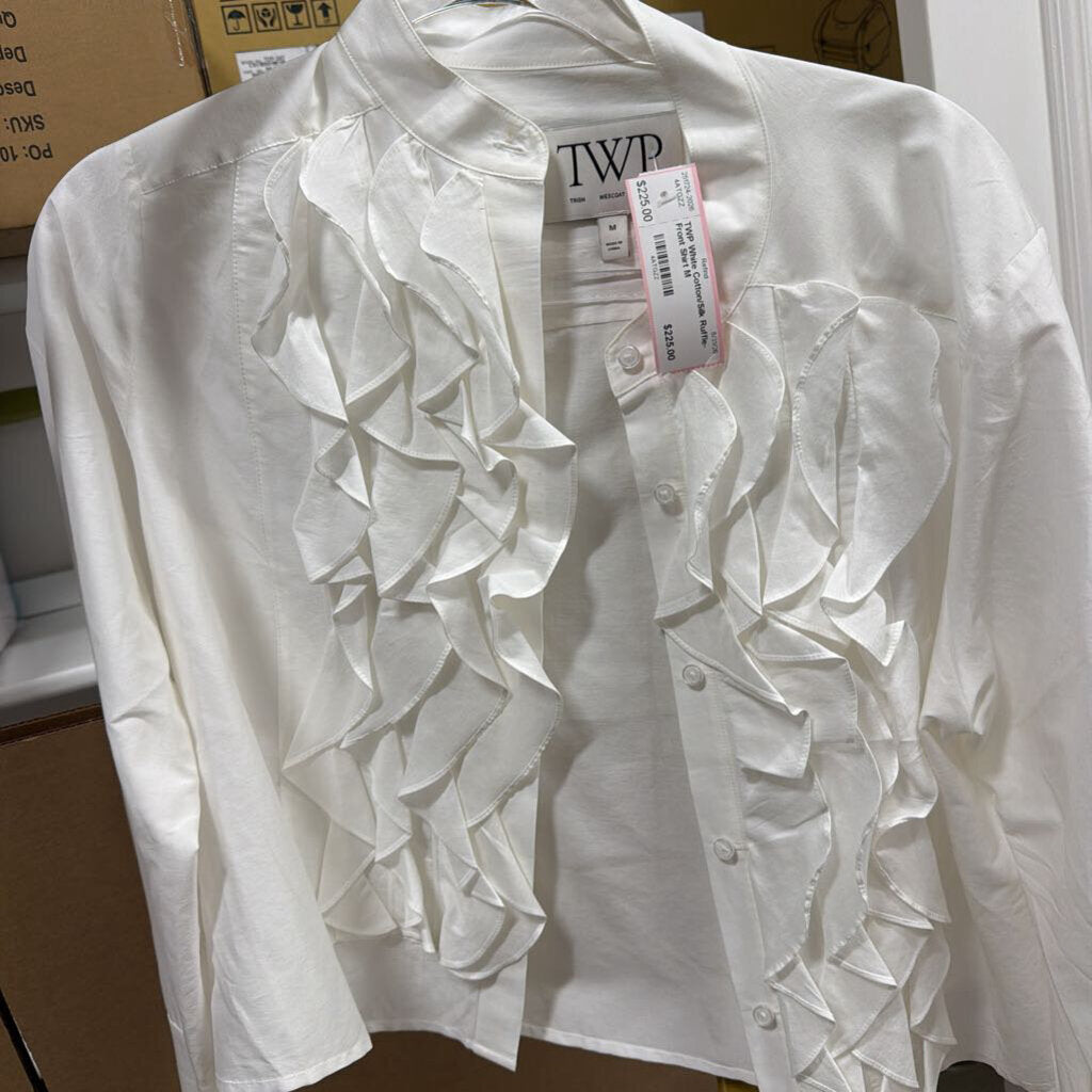 White Cotton/Silk Ruffle-Front Shirt