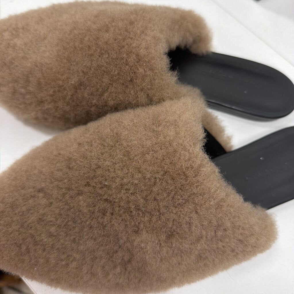 Dark Beige Faux Shearling Slides, 39