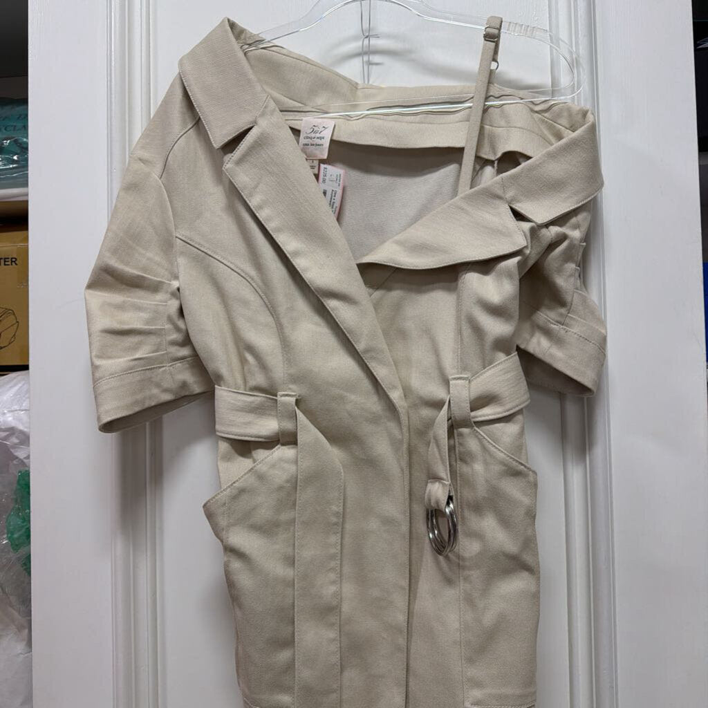 Tan Stretch Denim Asymmetrical Belted Dress