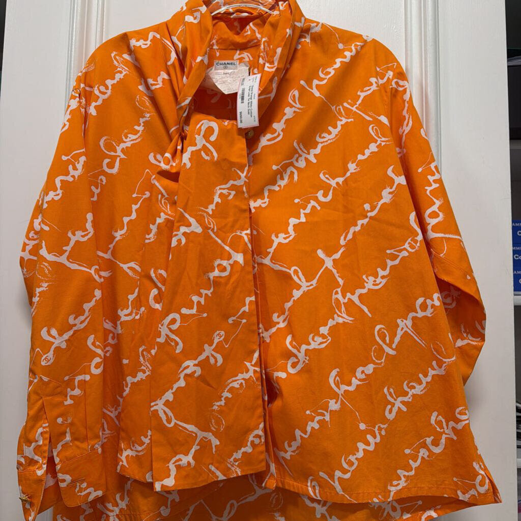Orange White Cotton Script Logo Tie Neck Gold Buttons CC