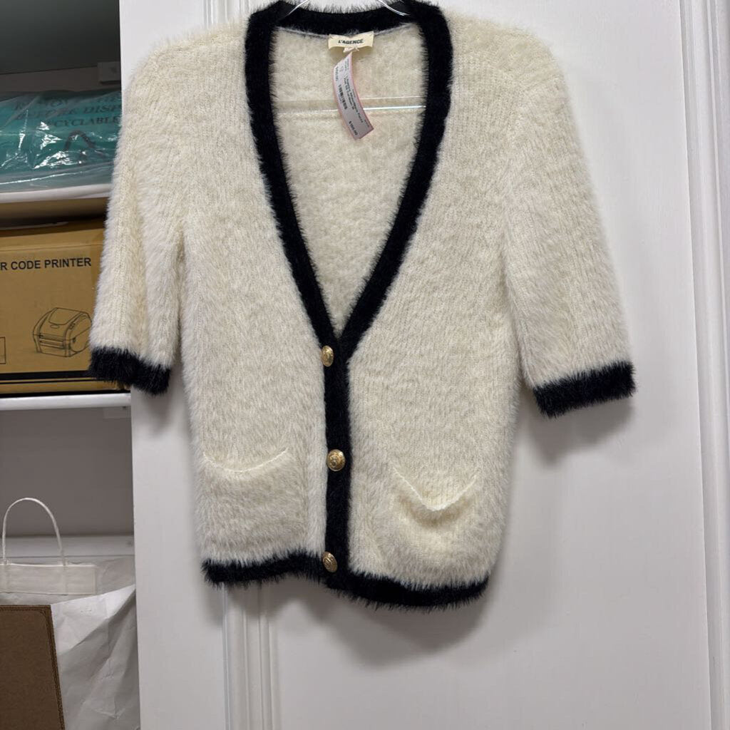 White/Black Fuzzy Knit SS Cardigan