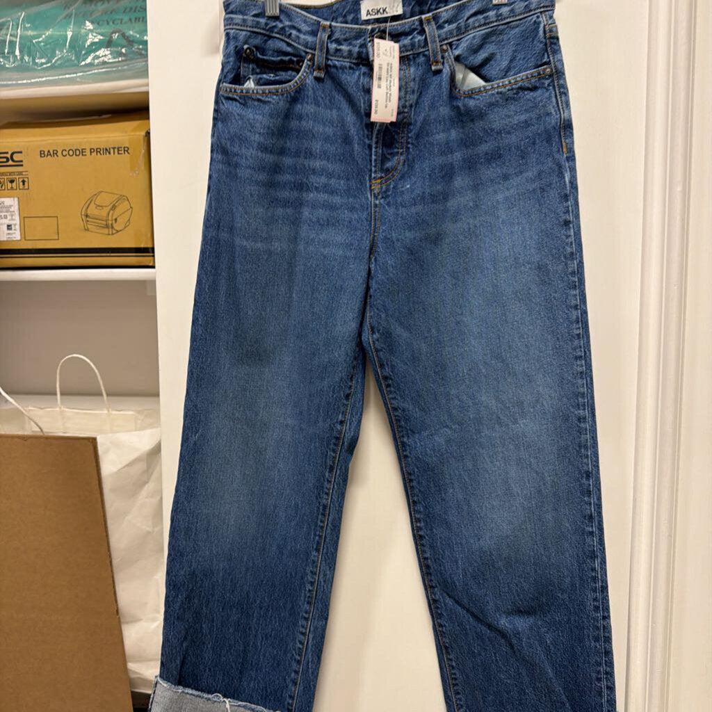 Medium Wash Straight Leg Cuff Button Up Jean