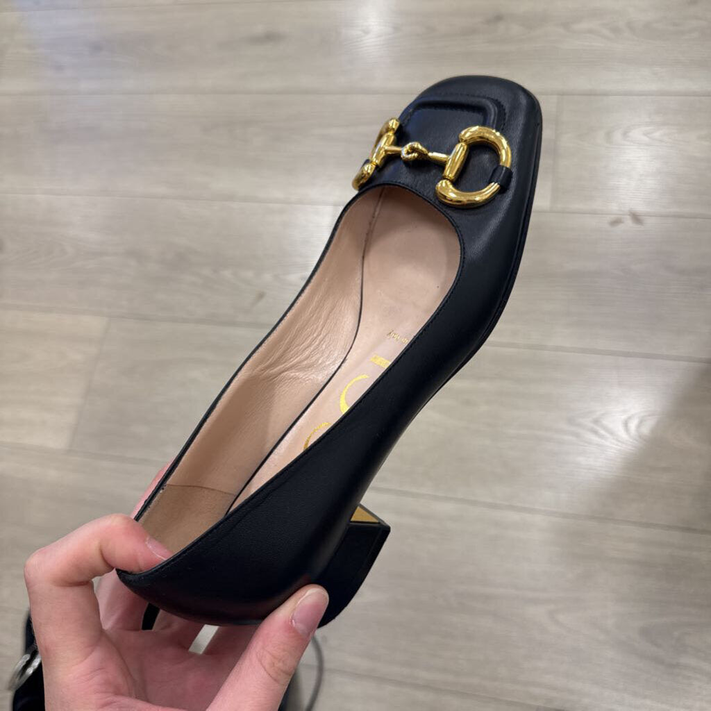 Black Horsebit Leather Heeled Flat