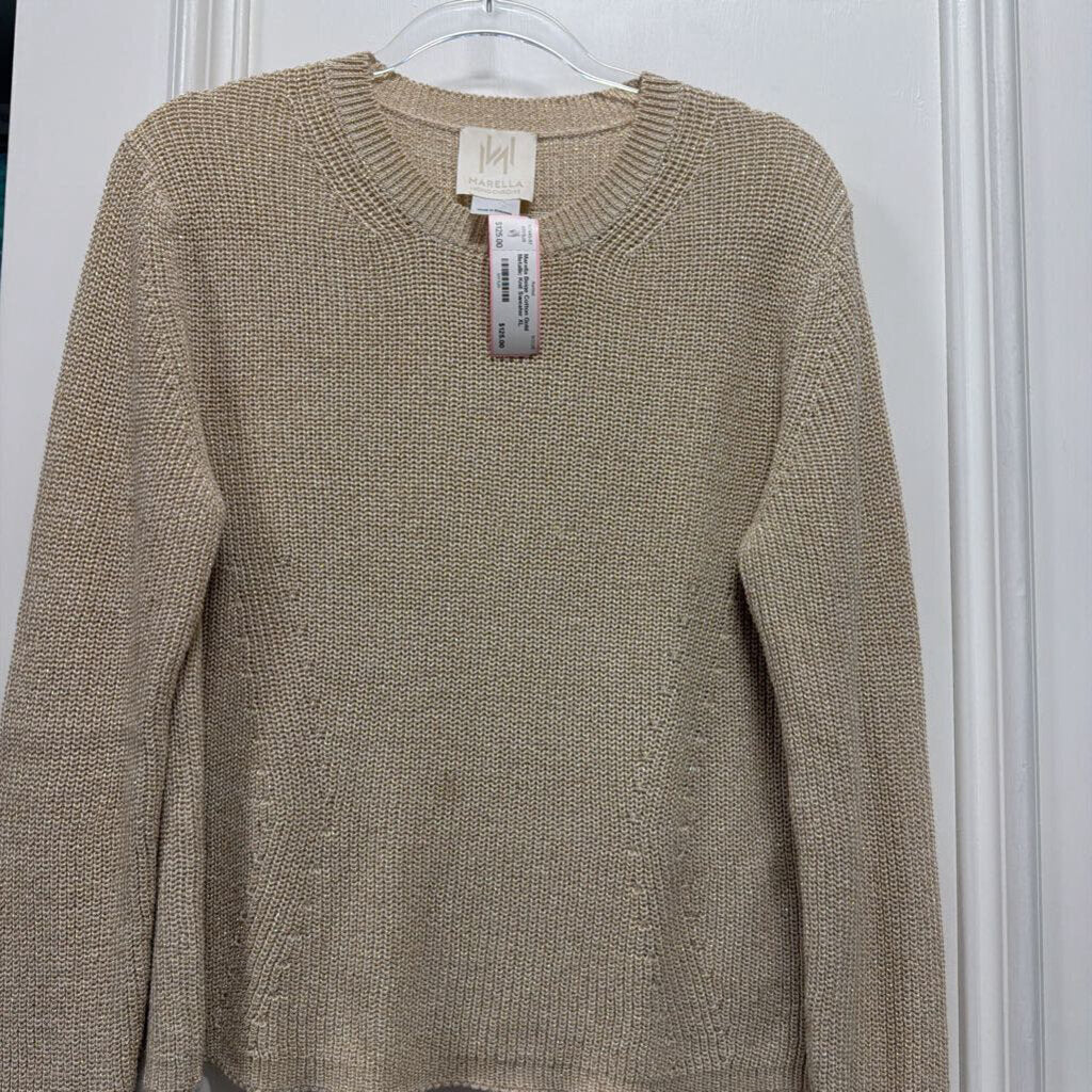 Beige Cotton Gold Metallic Knit Sweater