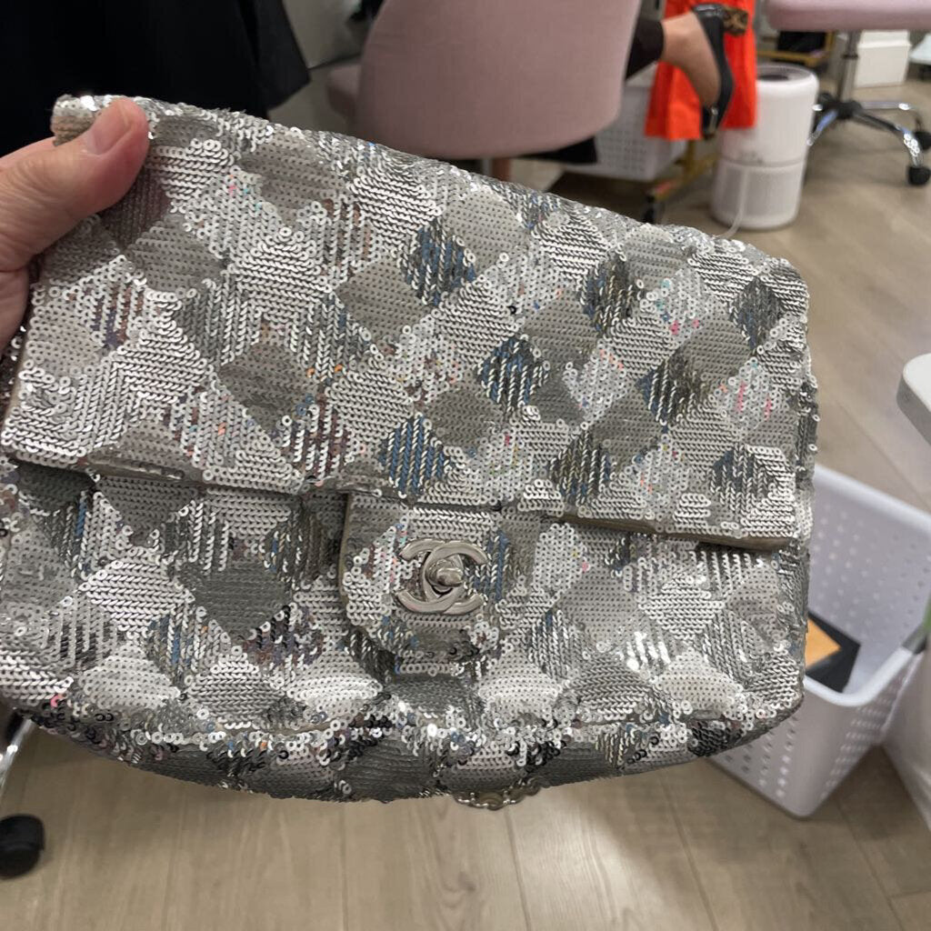 Geometric Silver Sequin Flap Shoulder Bag