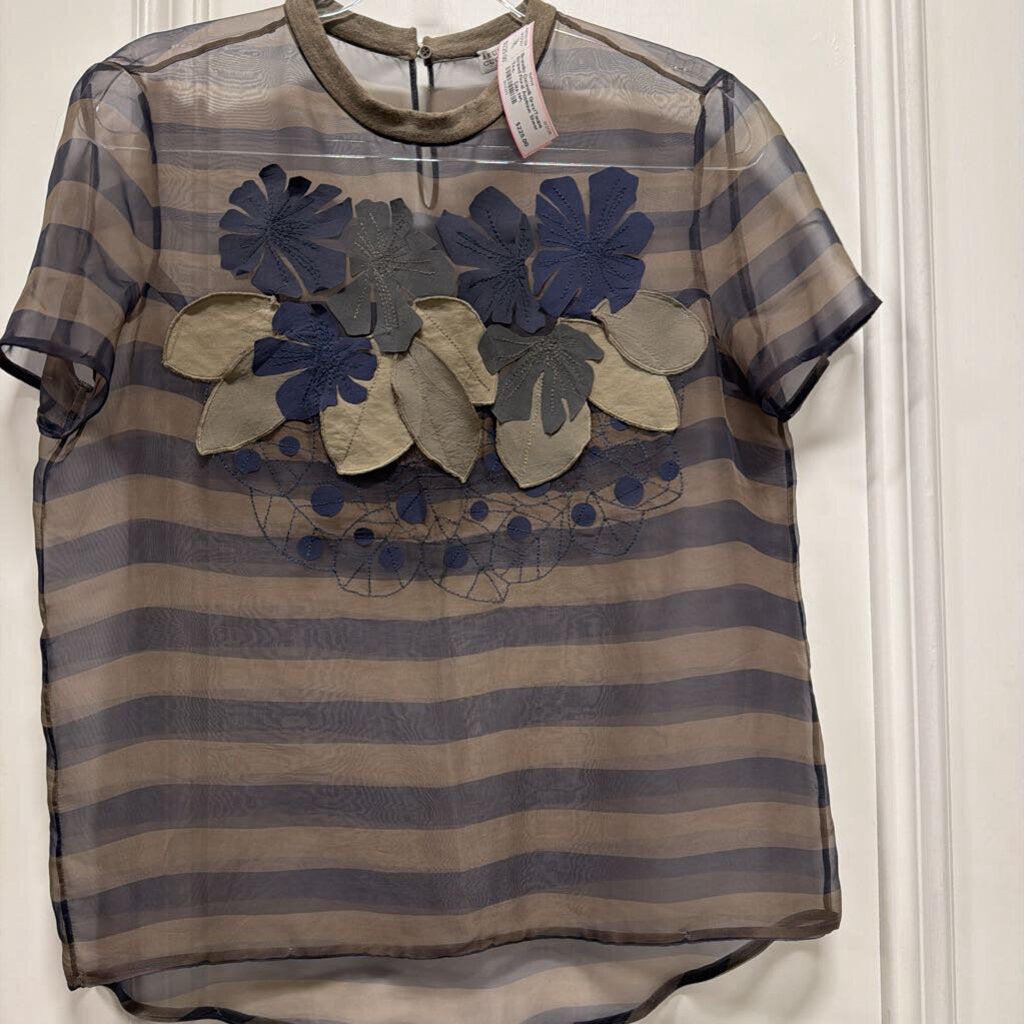 Grey/Taupe Striped Floral Applique Sheer Tee