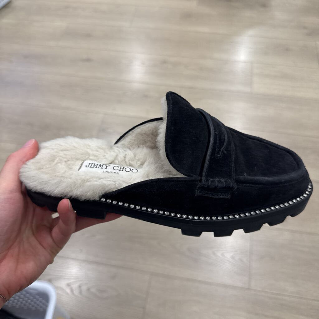 Black Suede Shearling Mules