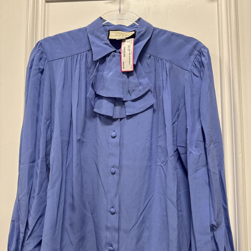 Blue Silk Ruffle-Neck Shirt