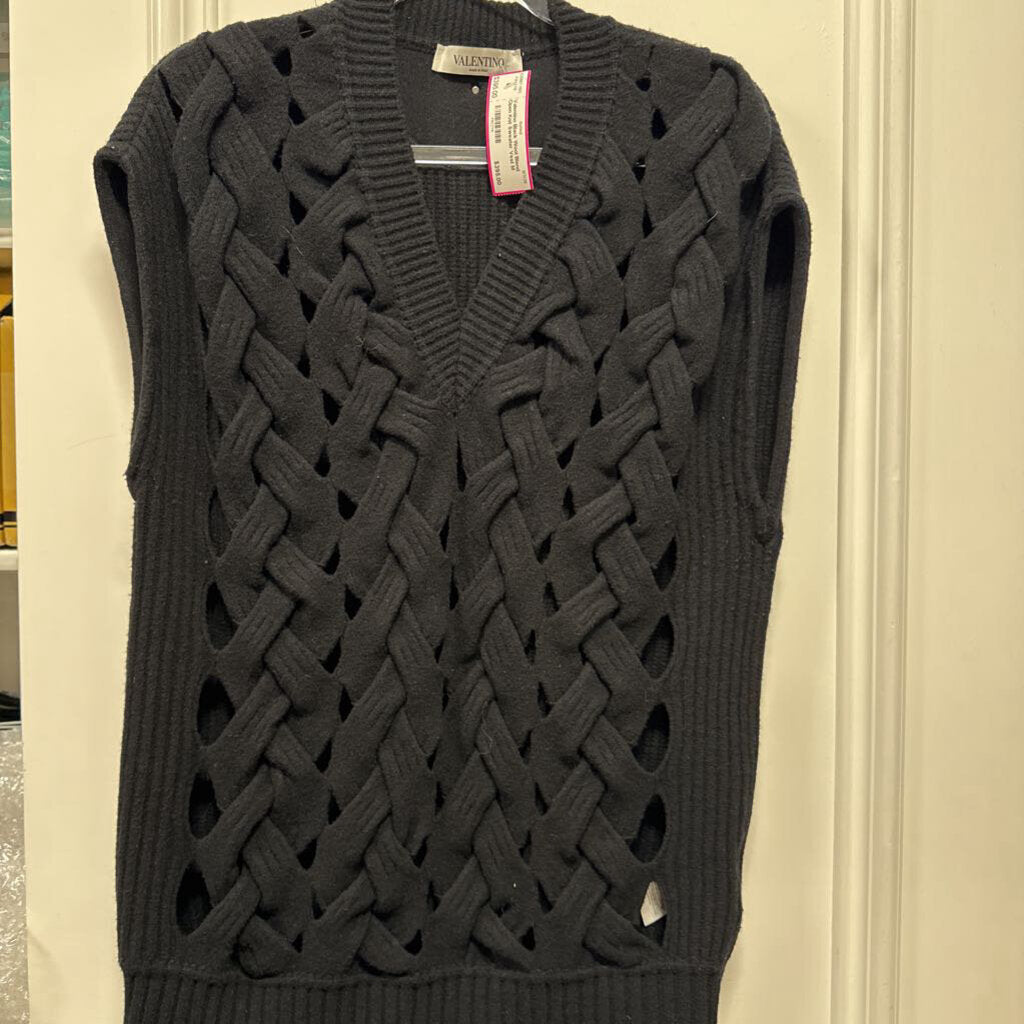 Black Wool Blend Open Knit Sweater Vest