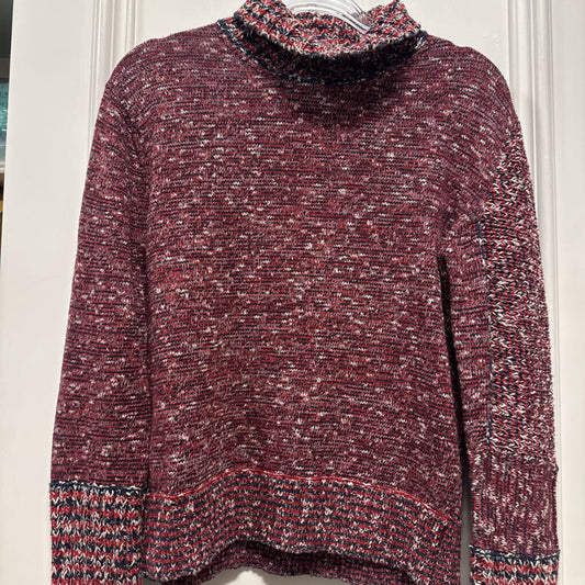 Red/Blue Marled Cotton Blend Turtleneck Sweater