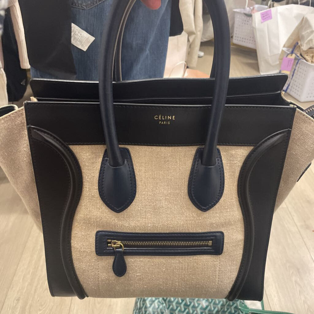 Beige Canvas Black Leather Luggage Tote