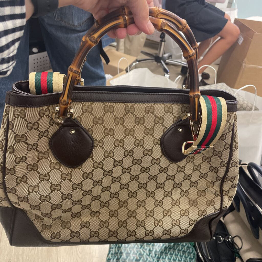 Gucci Brown Monogram Bamboo Top Handle Tote