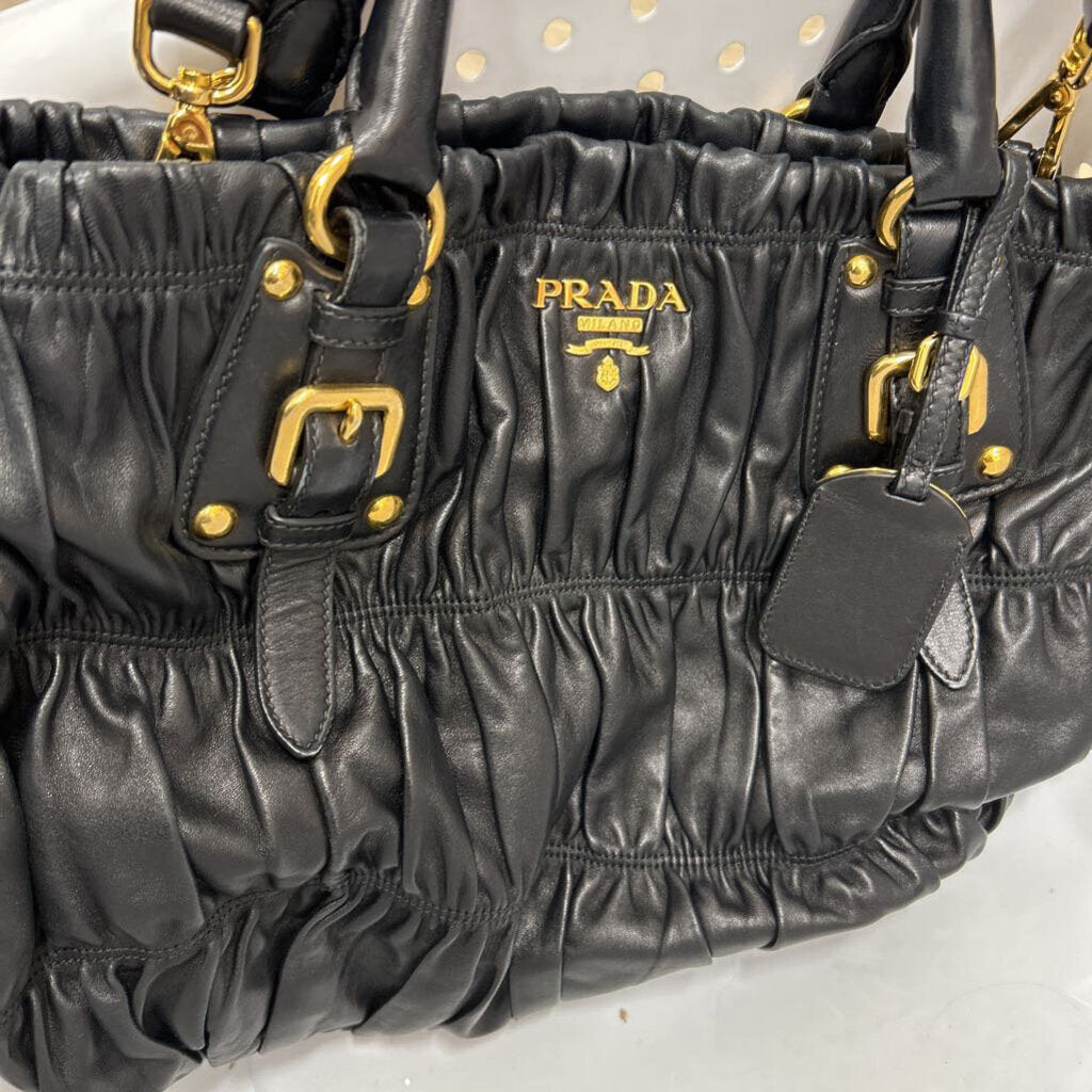 Black Leather Ruched Tote with Strap