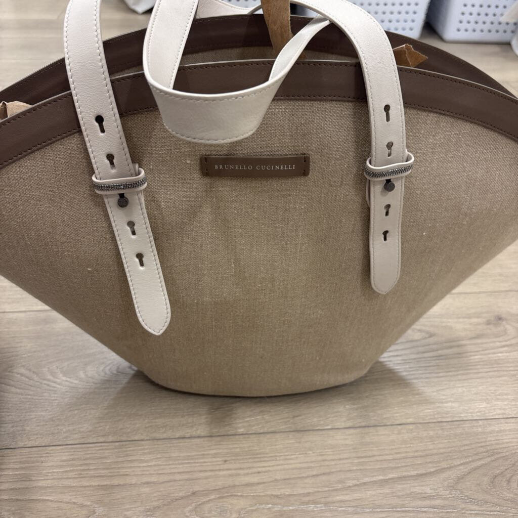 Tan Large Canvas Tote W/ Leather Trim