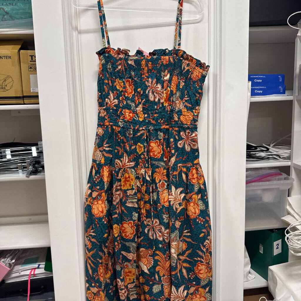 Blue/Orange Floral Cotton Tiered Maxi Dress