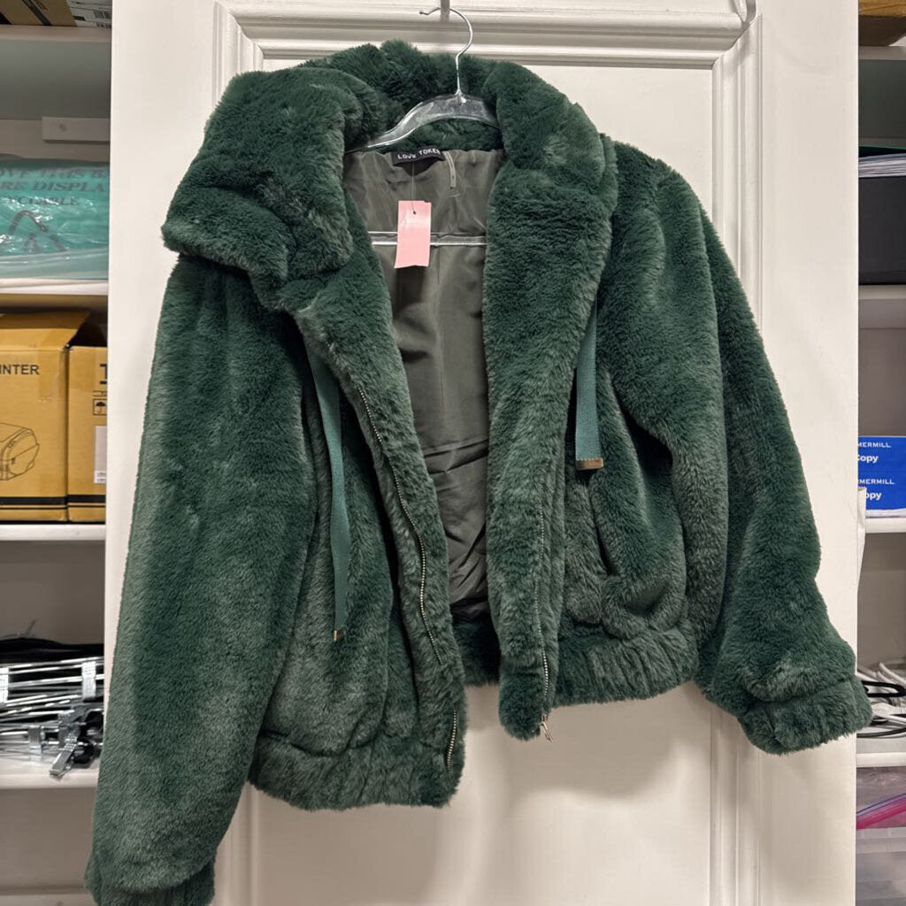 Green Faux Fur Crop Jacket, S