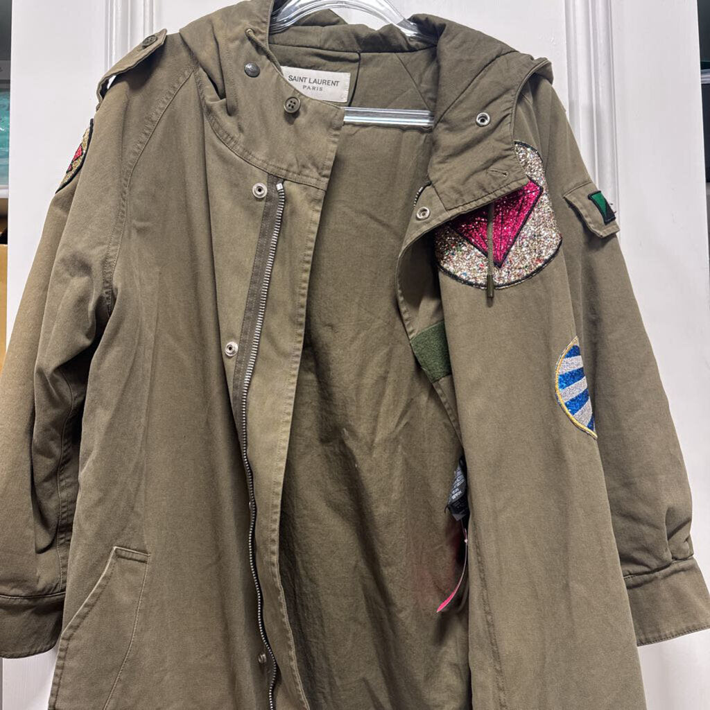 Olive Green Cotton Graphic Sequin Coat, 34