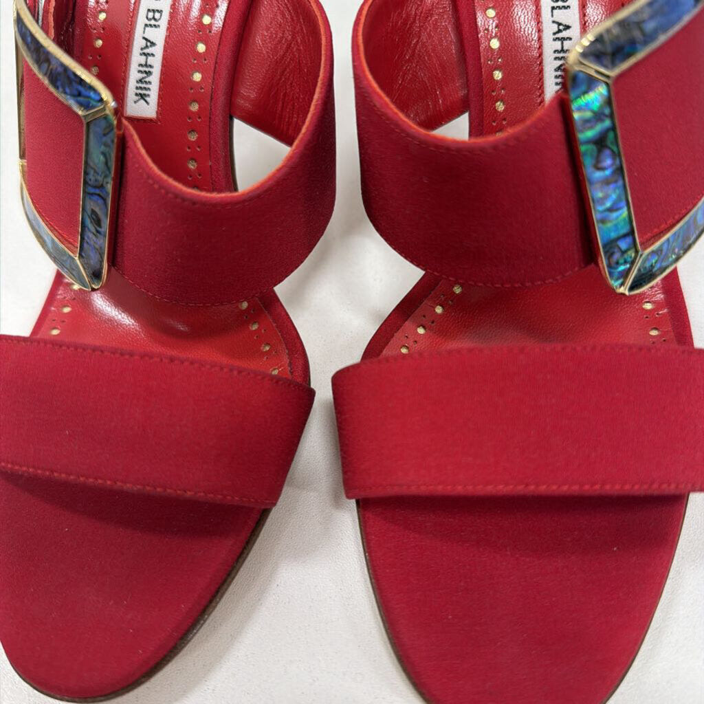 Red Satin Buckle Sandal, 37.5