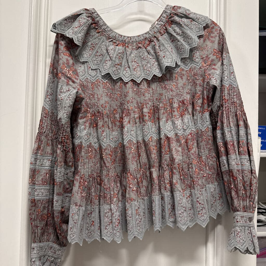 Blue Cotton Lace Trim Blouse