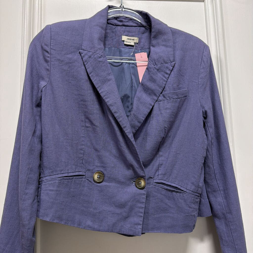 Blue Linen Rayon Crop Blazer + Short SET
