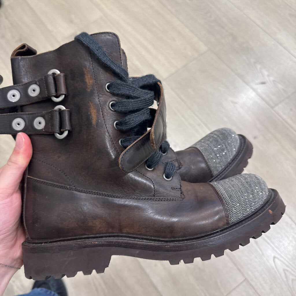 Brunello Cucinelli Brown Leather Monili Bead Combat Boots