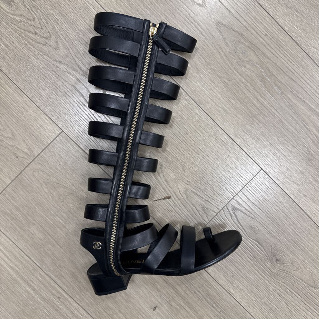Chanel Black Leather Tall Gladiator Sandals