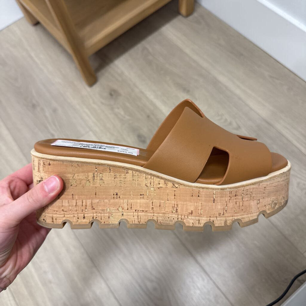 Hermes Brown Leather Platform Logo Slides
