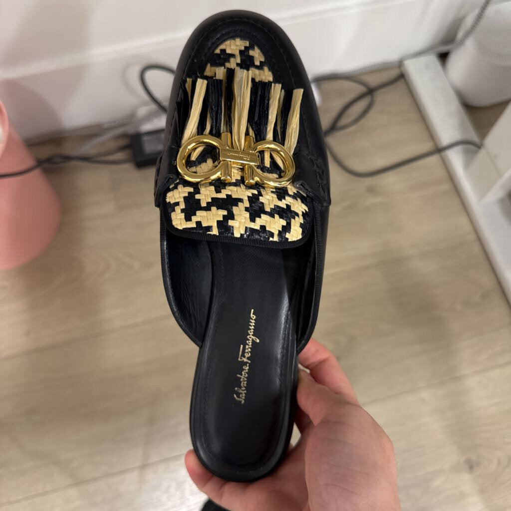 Salvatore Ferragamo Black Leather Raffia Woven Mule
