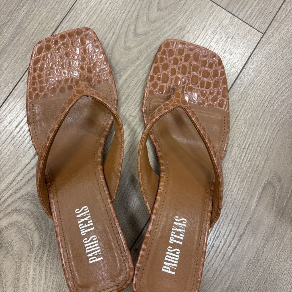 Paris Texas Brown Croc Embossed Leather Flip Flop Heel